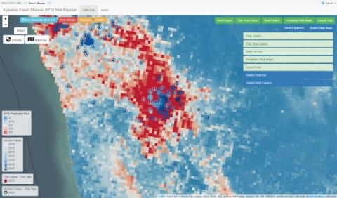 Figure 1: Example screenshot from the Decision Support Tool showing the predicted risk map for Shivamogga and the surrounding districts overlaid with human cases from 2020 (dark blue) and prior years (light blue). Figure 1: Example screenshot from the Decision Support Tool showing the predicted risk map for Shivamogga and the surrounding districts overlaid with human cases from 2020 (dark blue) and prior years (light blue).